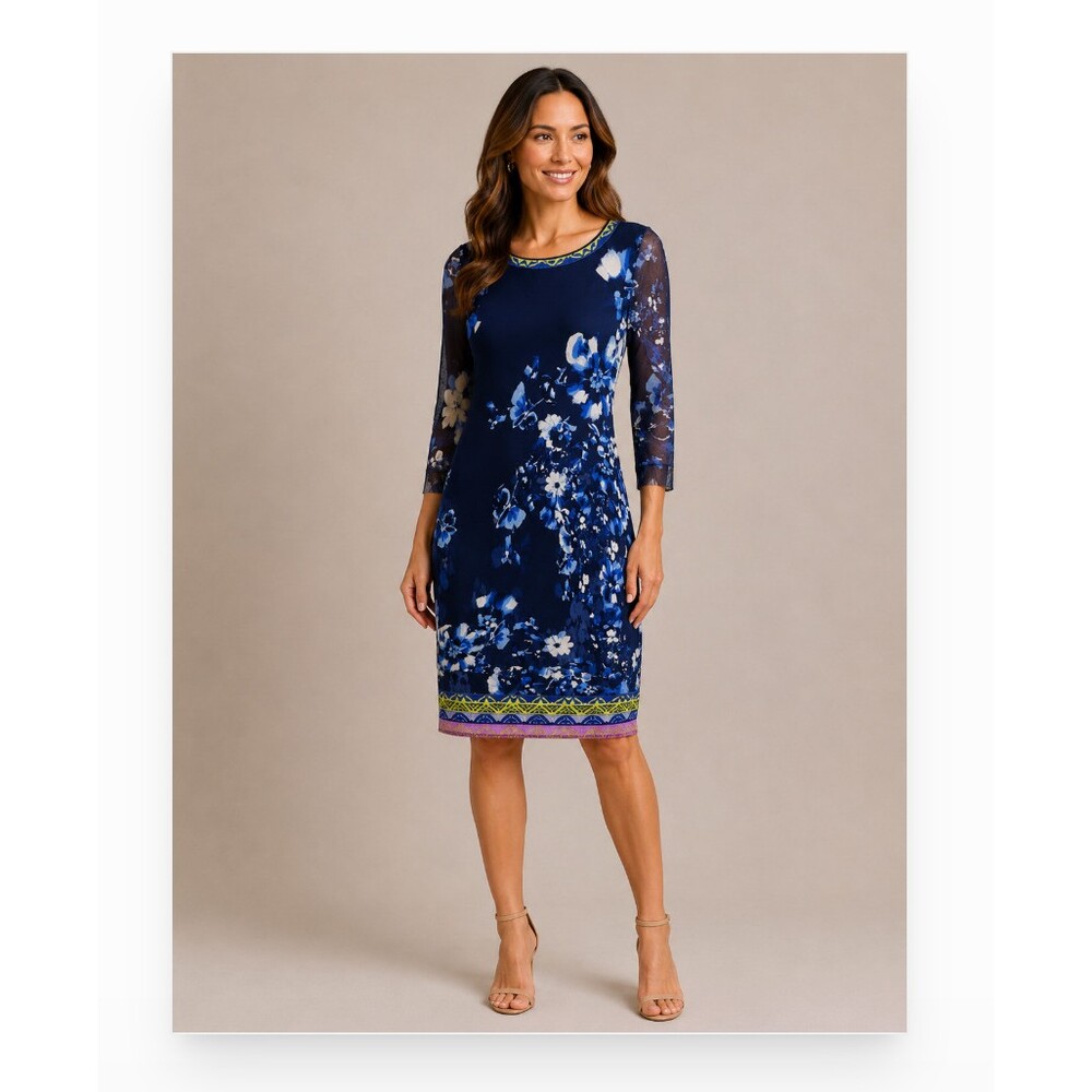 Fuzzi Dress Womens Medium Blue Floral Mesh 3/4 Sleeve Sheath Italy Knee Length